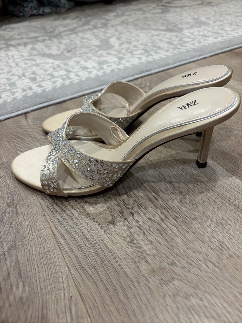 NWOT 🎉 Zara Cream Crystal-Embellished Strappy Heeled Mules. Size 38 - Picture 9 of 14